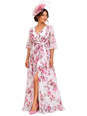 Adrianna Papell BlackLogo Floral Chiffon Maxi Gown Pink Rose Garden Party Dress